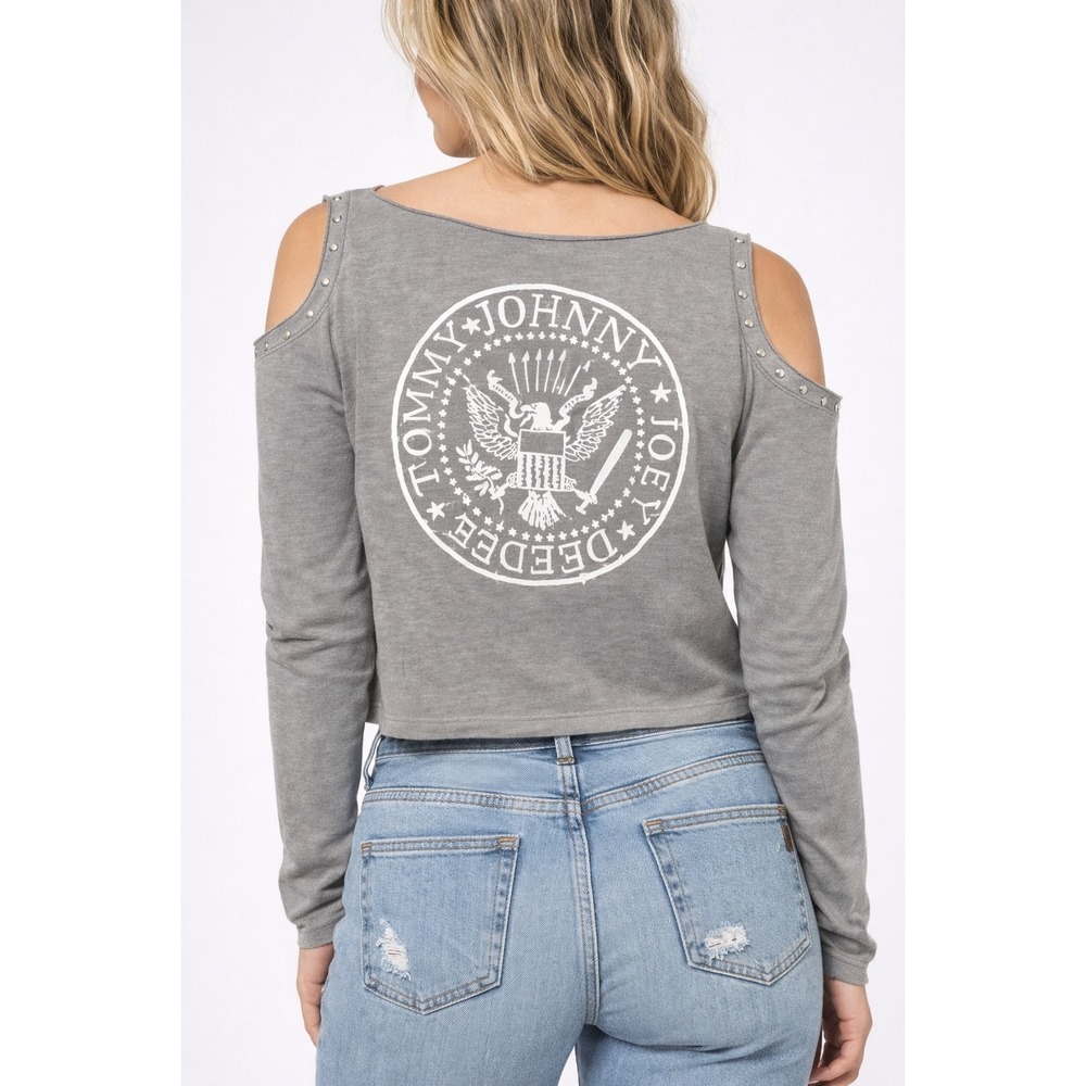 Obey Propaganda Ramones Graphic Cold Shoulder Cropped Sweatshirt Grey Studded S